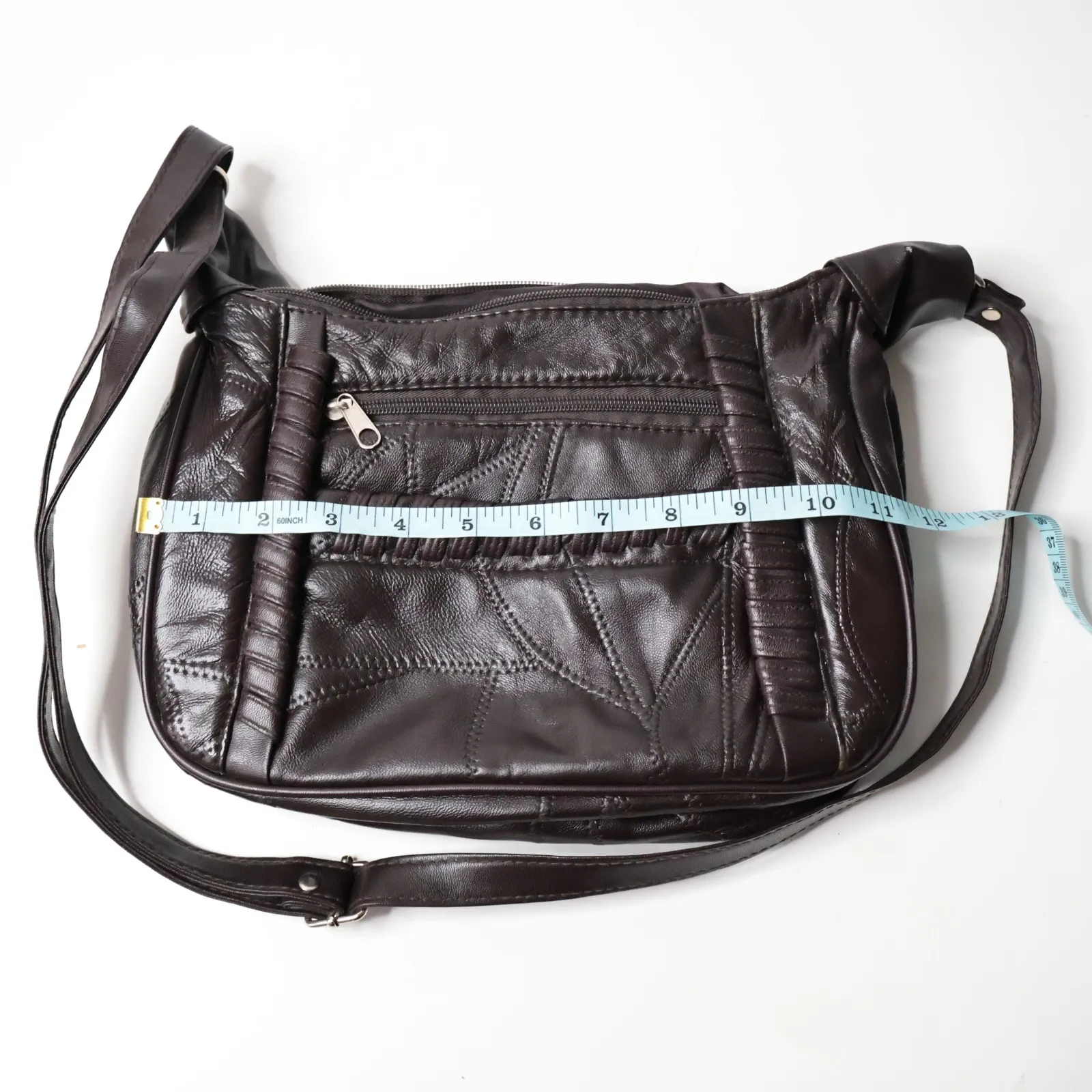 Dark Brown Smooth Leather* Patchwork Bag Purse Zip‎ Pockets Minimalist Boho Chic - Image 6