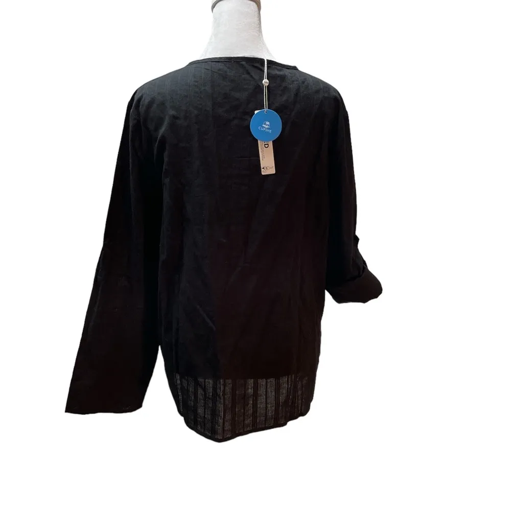 NWT  Black Woven RoundNeck Half-button Placket Long Sleeve Pull Over Shirt - Image 3