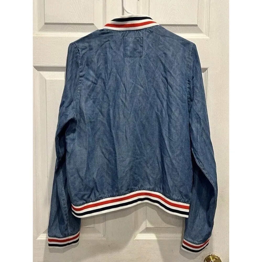 Mossimo Track Bomber Chambray Jacket Snap Front Red‎ White Blue Lyocell Large - Image 6