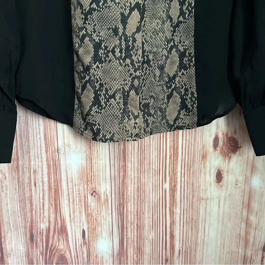 FRAME Black Colorblock Tan Snake Printed 100% Silk Blouse Button Front Size S - Image 7