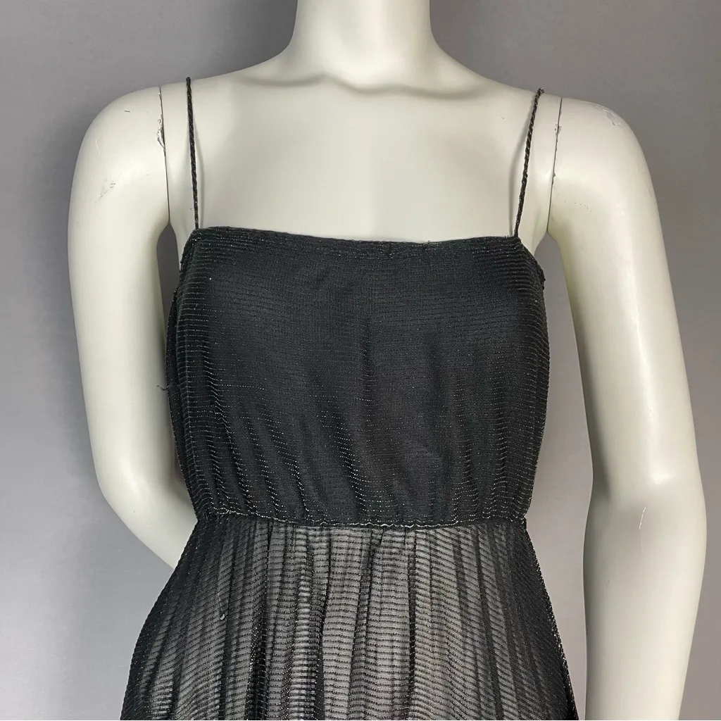 Vintage 70s Dress Metallic Gold Black Wounded Bird FLAWS Spaghetti Straps Pleats Size XS - Image 3