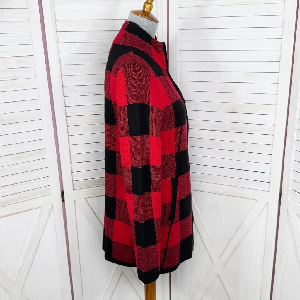 Adrienne Vittadini Buffalo Check Mock Neck Tunic Cardigan Sweater Red Black - Image 4