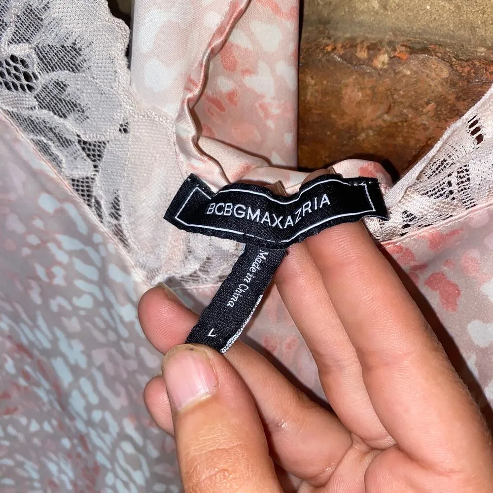 BCBGMaxAzria Y2k Pink Leopard Animal Satin Lace Trim Cami Tank Top Size Large - Image 4