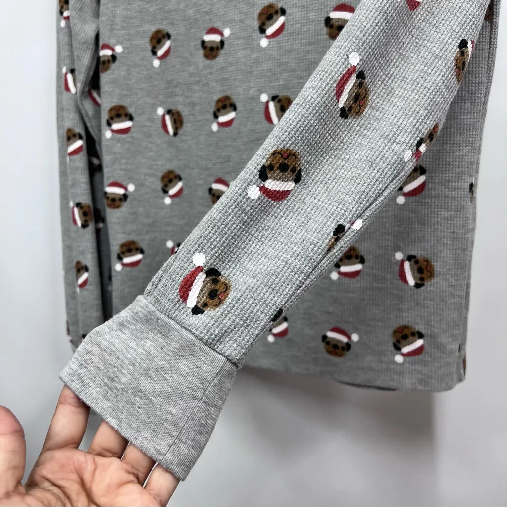 Gray Thermal long sleeve w/ puppy dog pug Santa hat S holiday Christmas top - Image 2