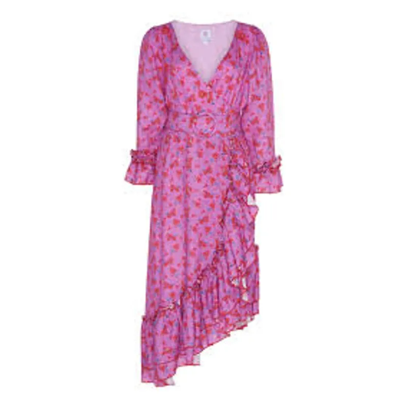 GUL HURGEL Printed Linen Midi Wrap Dress Belted Floral Ruffle Size Medium M Purple - Image 10