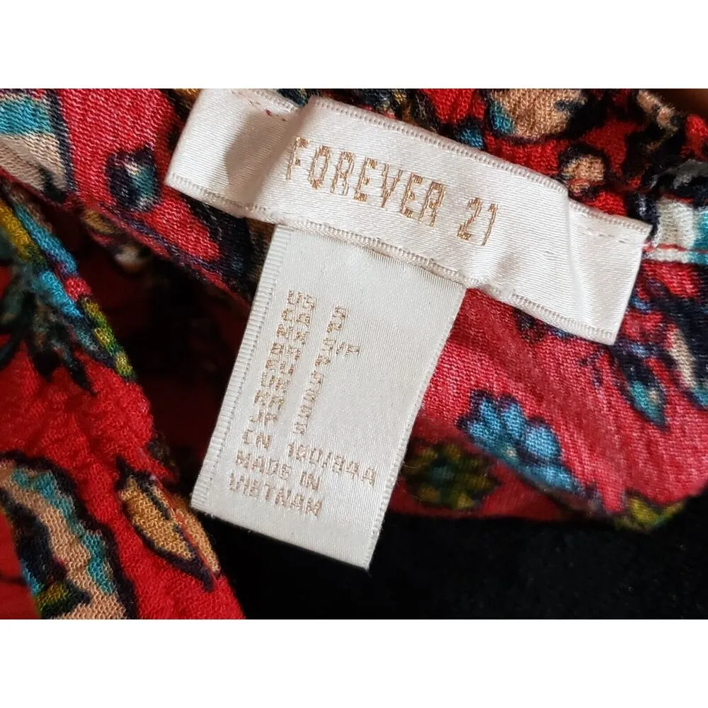 FOREVER 21 Women Red Floral Boho Prairie Farmer Midi Length Dress Size Small - Image 8