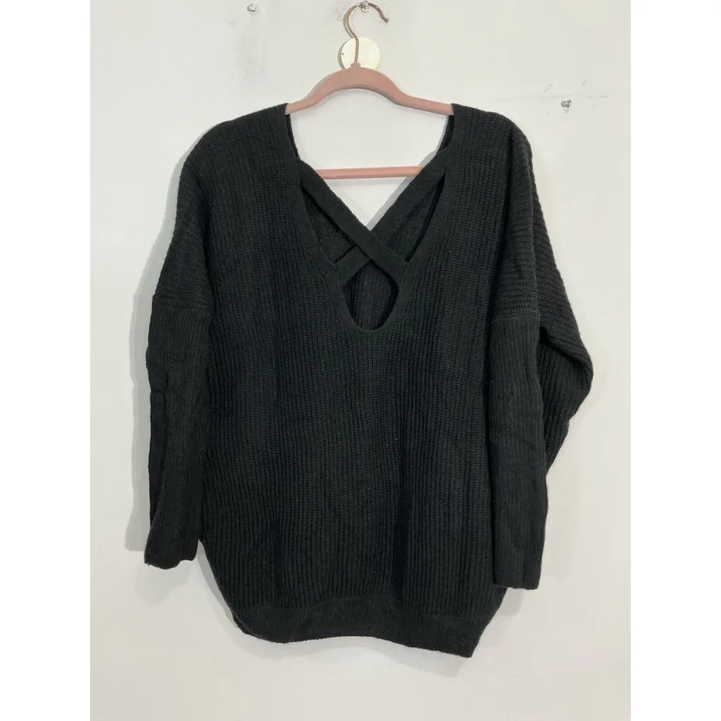 Womans Forever 21 Small Black V Neck Criss Cross Knit Sweater Over Sized - Image 2
