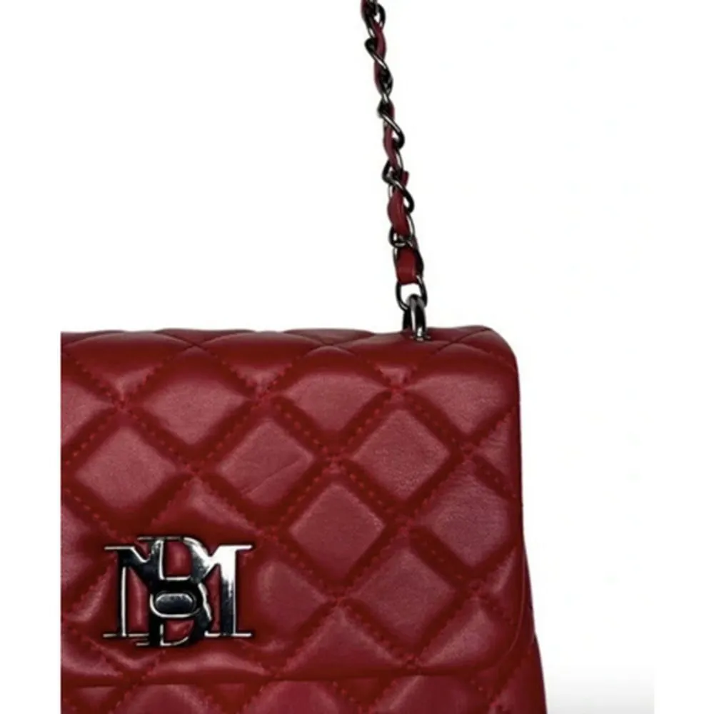 Badgley Mischka Designer Quilted Leather Red Silver Crossbody Purse - Image 3