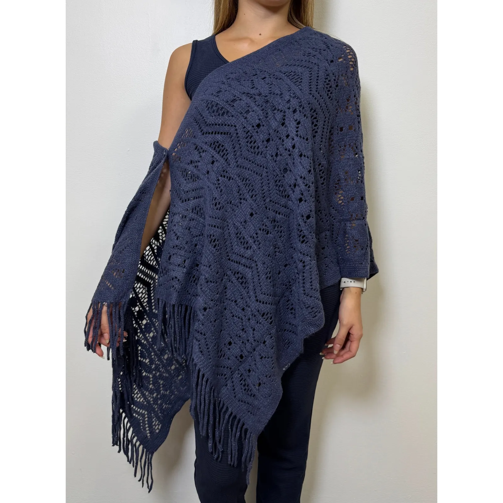 Navy blue open-knit poncho - Image 2