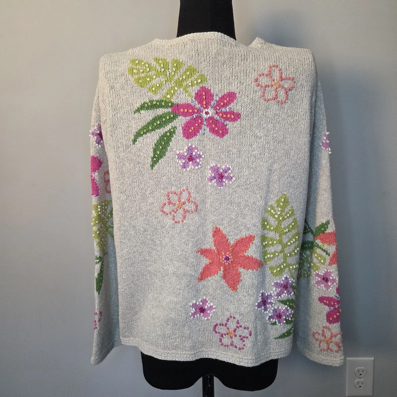 David Brooks Knit Button Up Floral Sweater Size Petite Med Vintage Maximalist Tan - Image 2