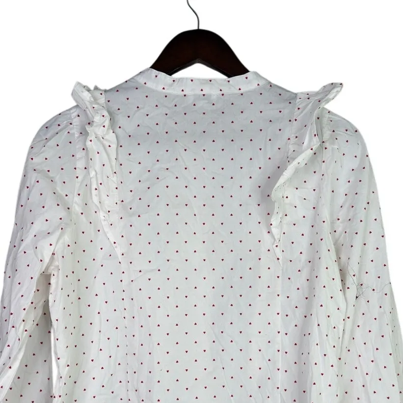 J.Crew Cotton Poplin Ruffle Heart Print Button Down LongSleeve Shirt M White Red - Image 5
