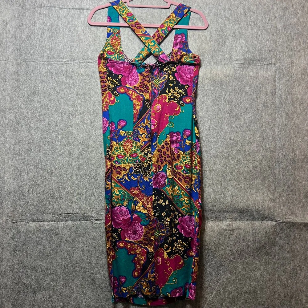 Vintage 90s Floral Midi Dress Cross Back Party Dress Rayon Sleeveless Summer‎ Gold Size undefined - Image 5