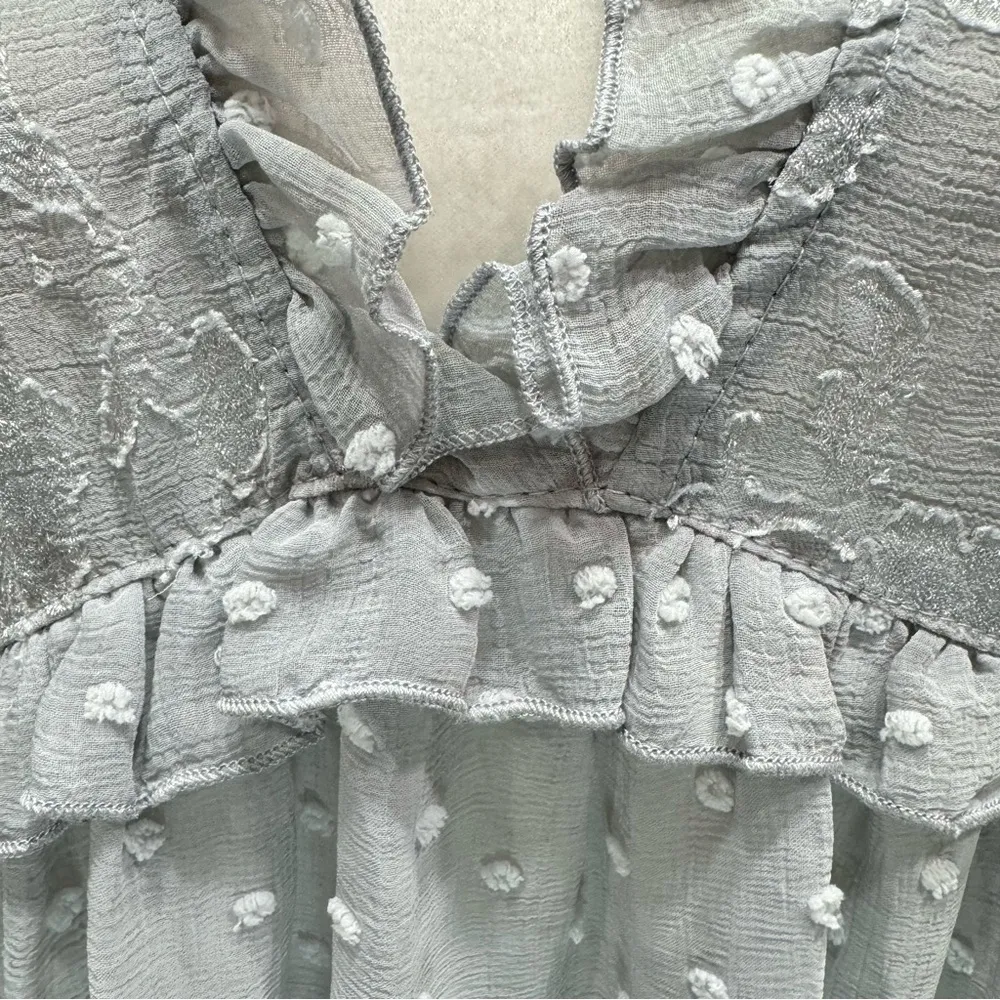 POL Silver Gray Sheer Swiss Dot Floral Lace Babydoll Top Frills Ruffles Fairy - Image 9