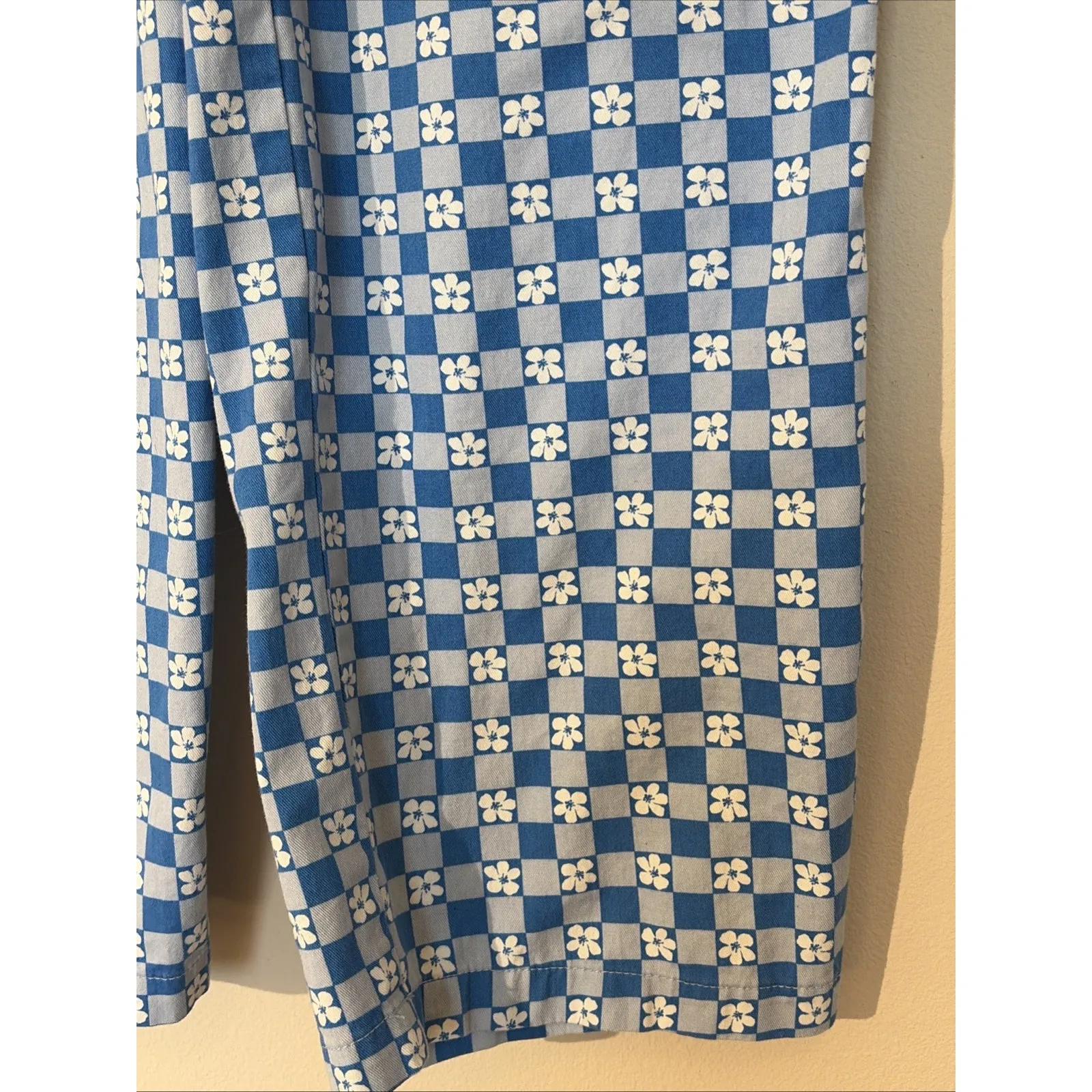 Wild Fable Blue Tropical Floral Checkerboard Boho Wide Leg Cotton Pants Women XS - Image 4