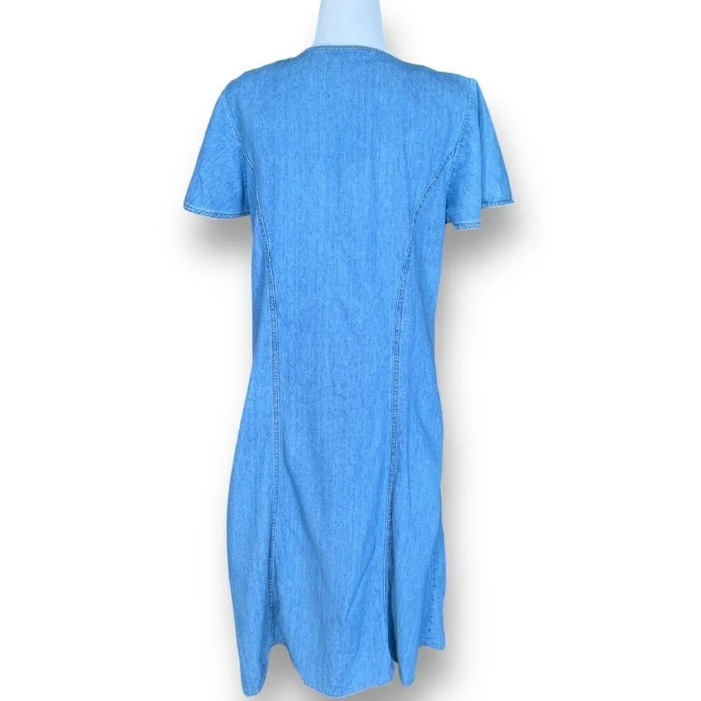 Vintage California Gold Rush Denim Midi Dress Short Sleeve Button Front Vneck Blue Size M - Image 4