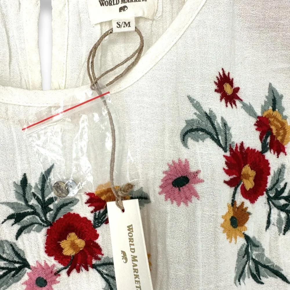 World Market | NWT | S/M Floral Embroidered Soft White Flowy Muslin Like Blouse - Image 5