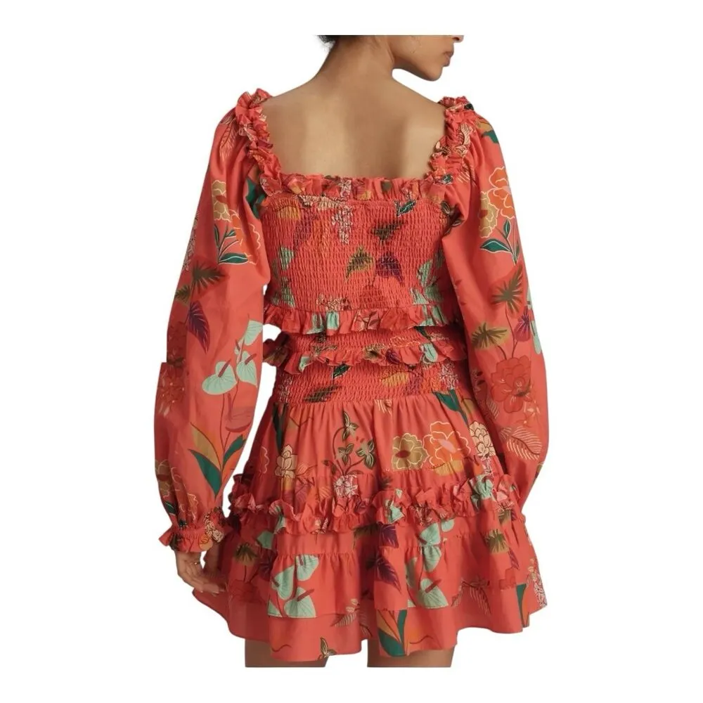 Farm Rio Anthropologie Smocked Ruffle Mini Dress Large Coral Long Sleeve - Image 2