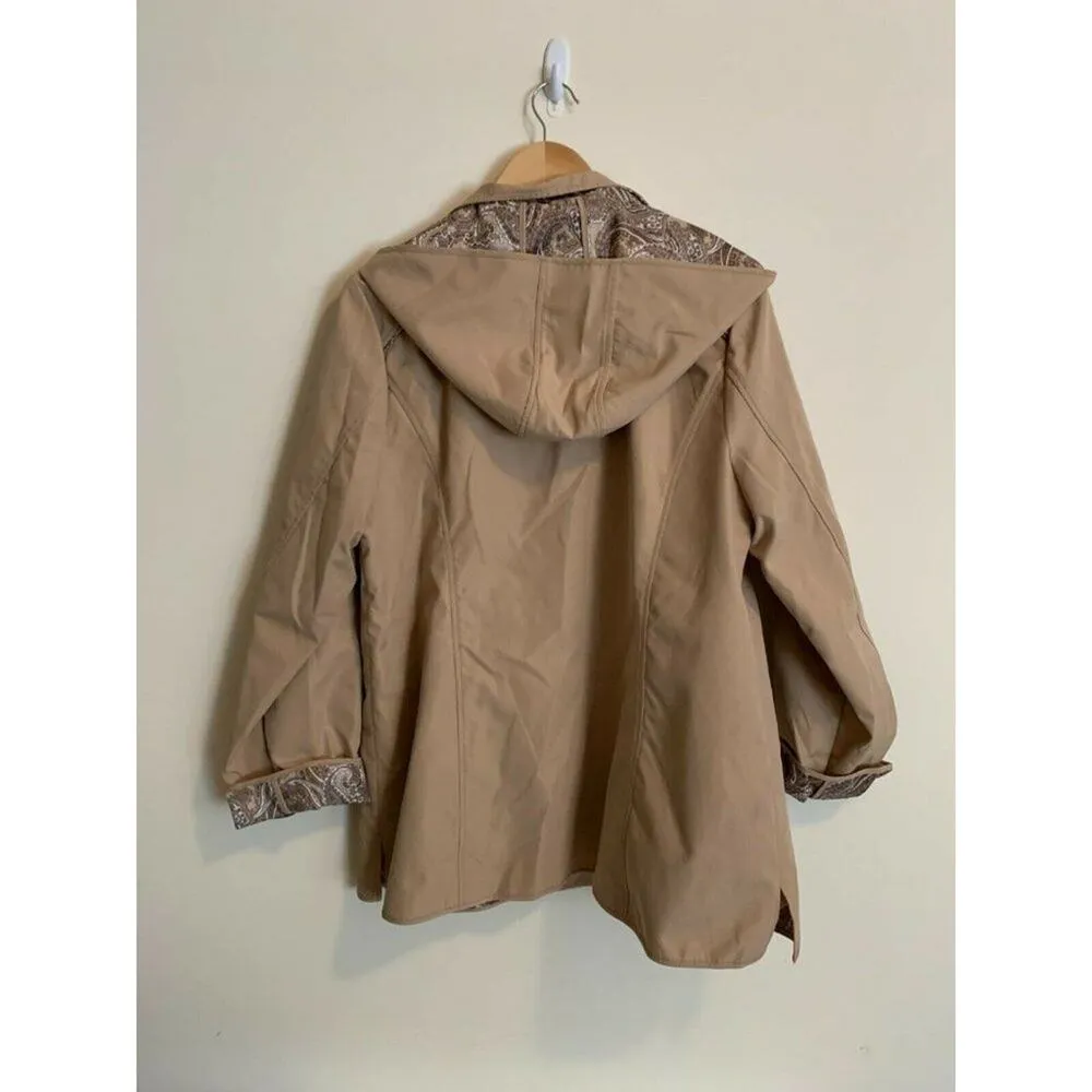 Dennis Basso Womens Size M Trench Coat Khaki Removable Hoodie Paisley Lined NWOT - Image 2