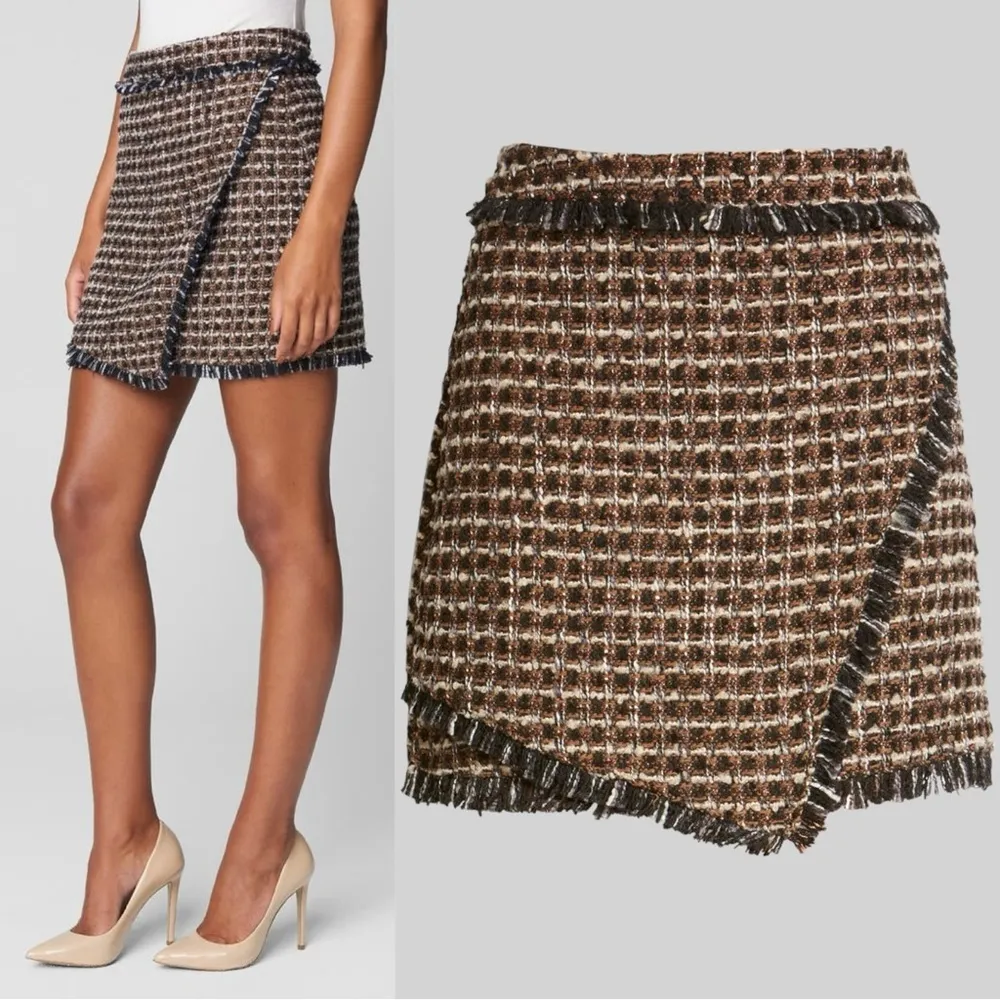 Blank NYC Miniskirt 27 Plaid Tweed Fringe Faux Wrap Clueless Black Brown NWT - Image 3