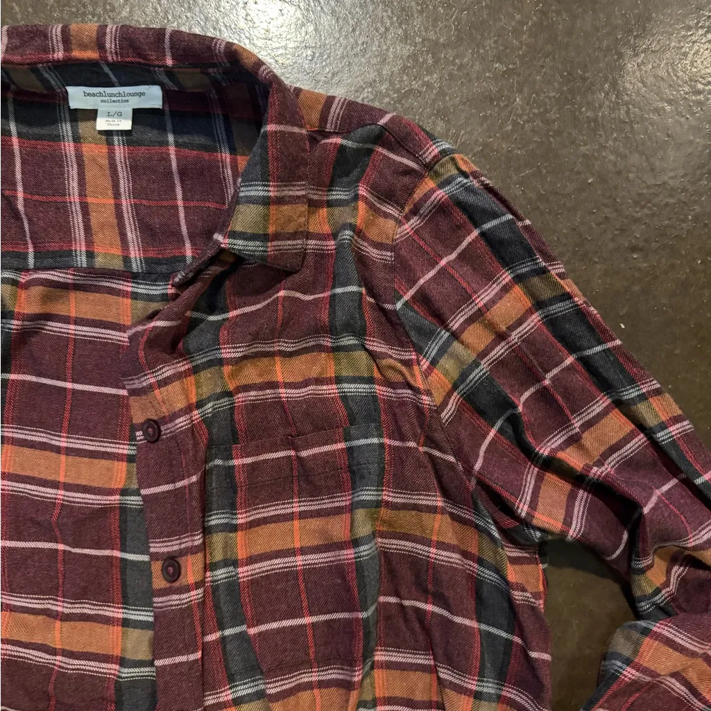Beachlunchlounge Flannel Shirt Maroon, Orange and Black Plaid Long Sleeve - Image 3