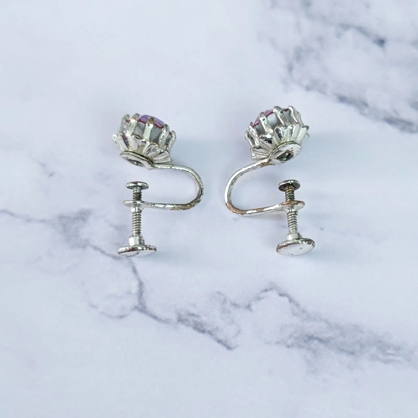 Vintage Screw On Earrings Iridescent Dark Pink Gems - Image 6
