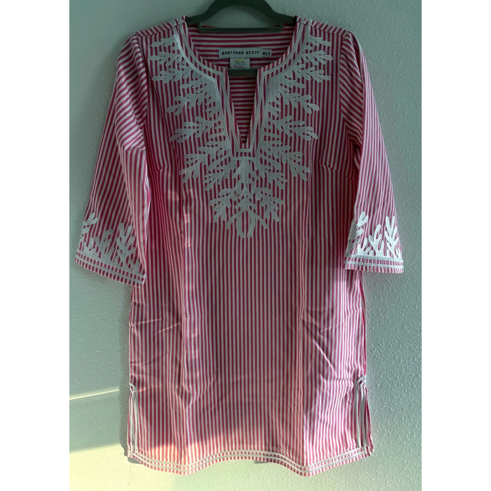 Gretchen Scott Dress Pink White Striped Dress Women Med 3/4 Sleeve Embroidered - Image 3