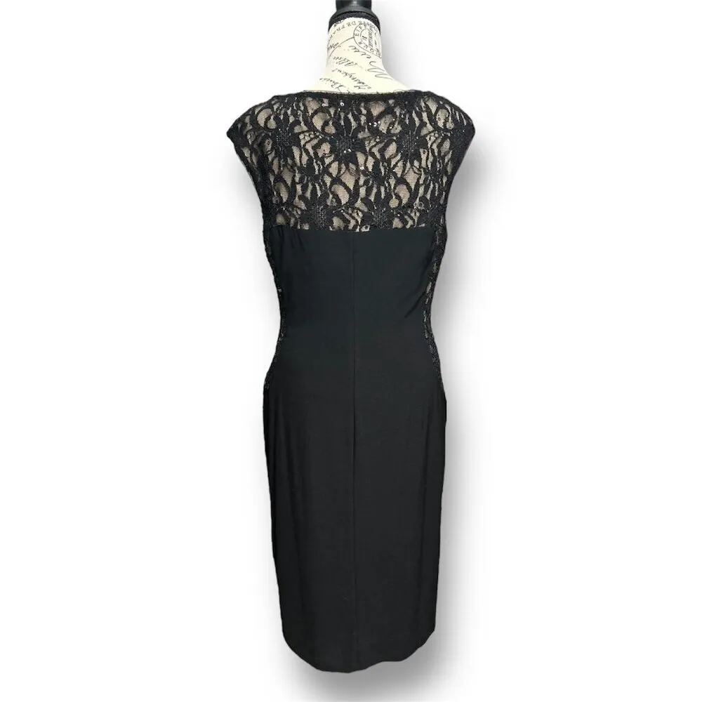Ralph Lauren Black Sequin Lace Illusion Sheath Midi Dress Ruched Waist Cocktail - Image 2