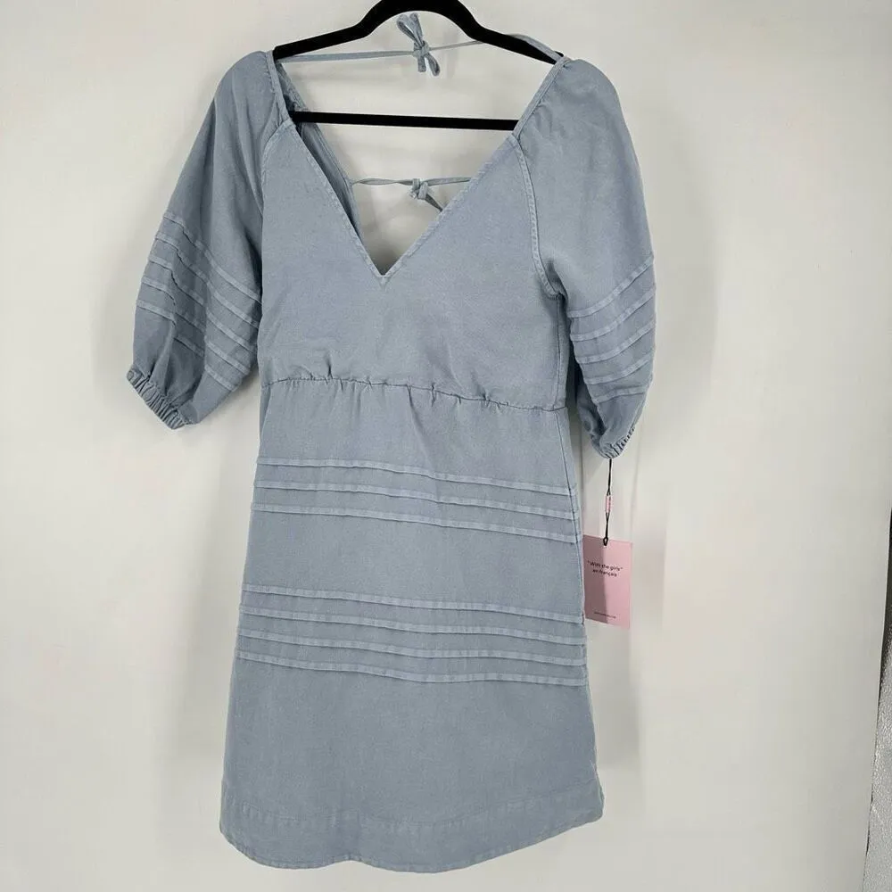 NWT Avec Les Filles Women's Tie Back Puff Sleeve Babydoll Dress Blue Size Small - Image 3
