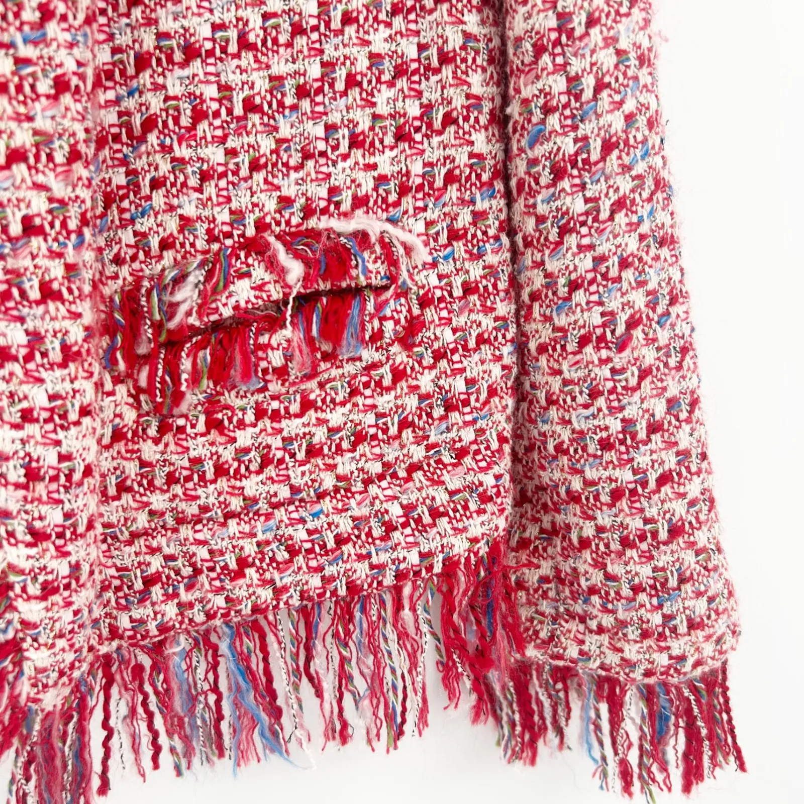 Zara Basic Womens Bloggers Fav Preppy Red Tweed Fringe Blazer Jacket Size S - Image 4