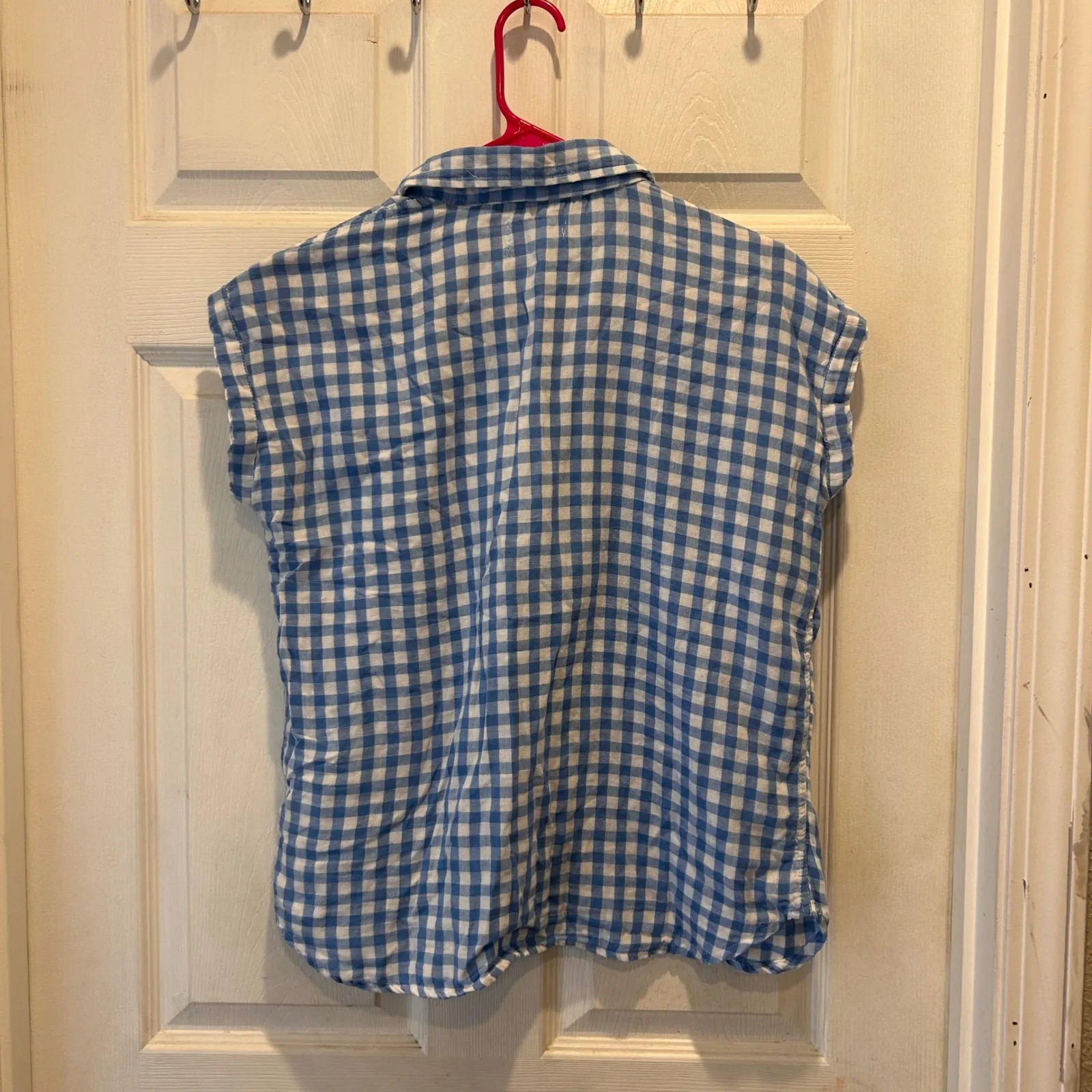 CJ Breeze Blue White Gingham‎ Gauze Sleeveless Button Down Shirt Women Large - Image 5