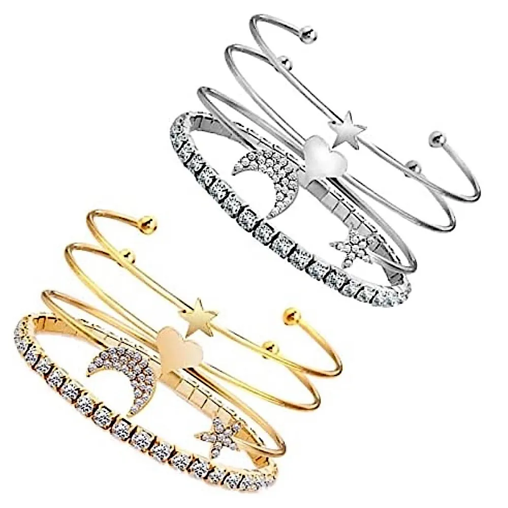 Silver Bangle Bracelet‎ Set Crystal Star Moon Heart Charm Stackable Jewelry - Image 13