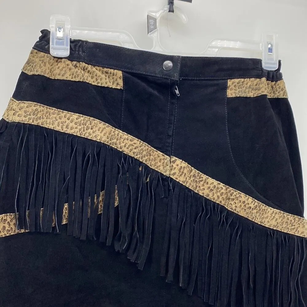 Vtg 80s Genuine Suede Black & Leopard Fringe Mini Skirt festival western Size 12 - Image 2