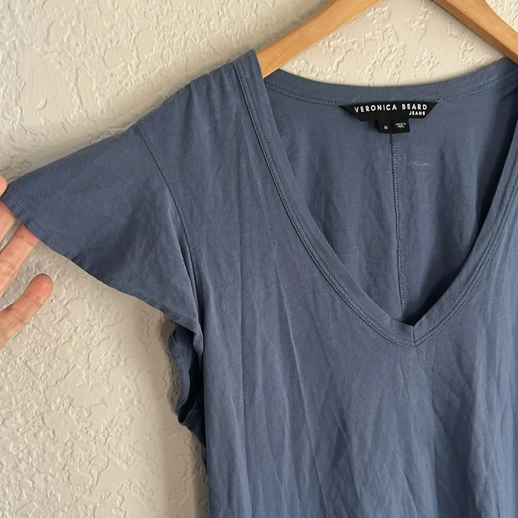 Veronica Beard Blue V Neck T-Shirt Flutter Sleeve Ruched Shoulder Medium Flaw - Image 2