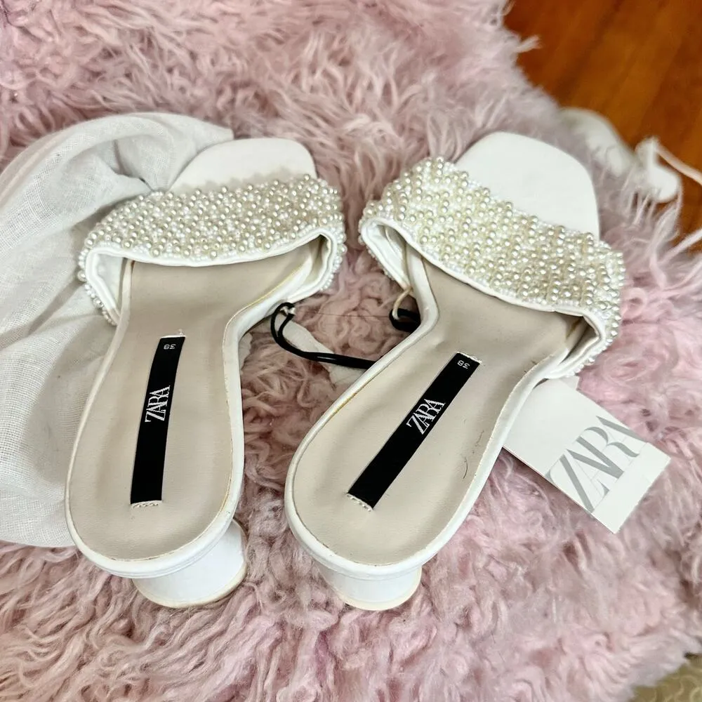 ZARA  White Pearl Beaded Heels Size 7.5 Wedding Bachelorette Feminine BloggersFav - Image 5