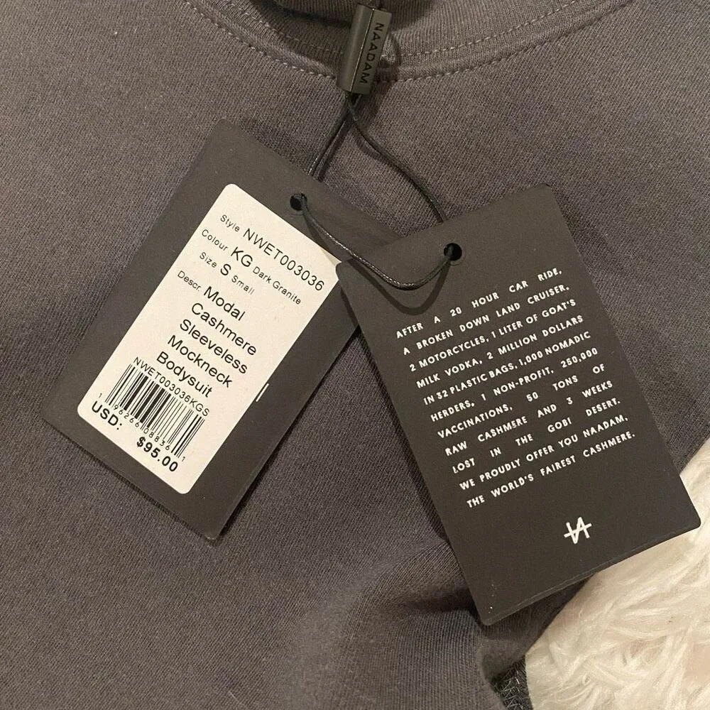 NEW Naadam Modal Cashmere Sleeveless Mockneck Bodysuit in Dark Granite Gray Smal - Image 4