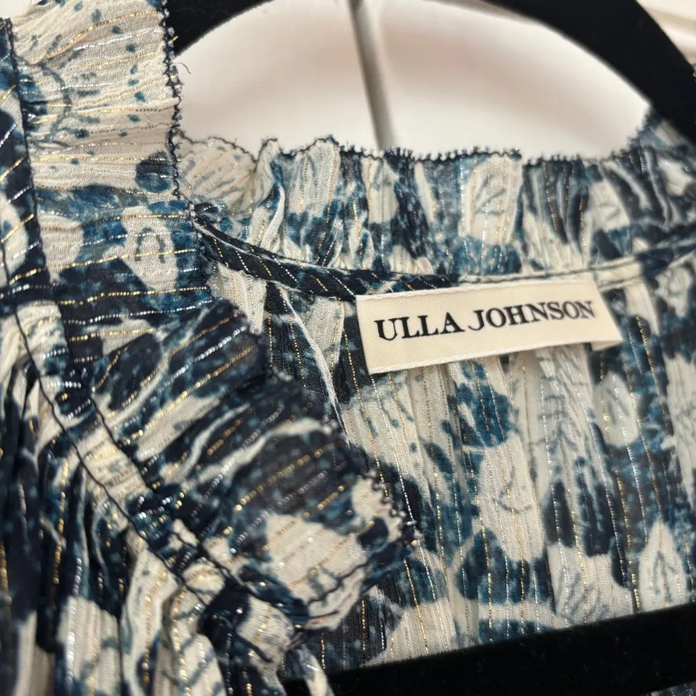 ULLA JOHNSON Dira Top Indigo Metallic Ruffle Size 0 Flutter Sleeve Tassel Tie - Image 9