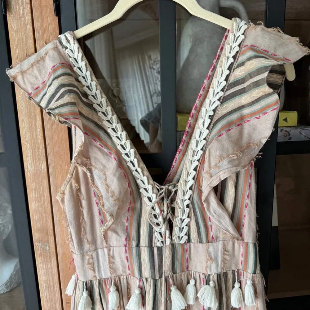 Hemant & Nandita Tiered Tassel Pixie Midi Dress ruffles embroidered eyelet vneck Tan Size M - Image 4