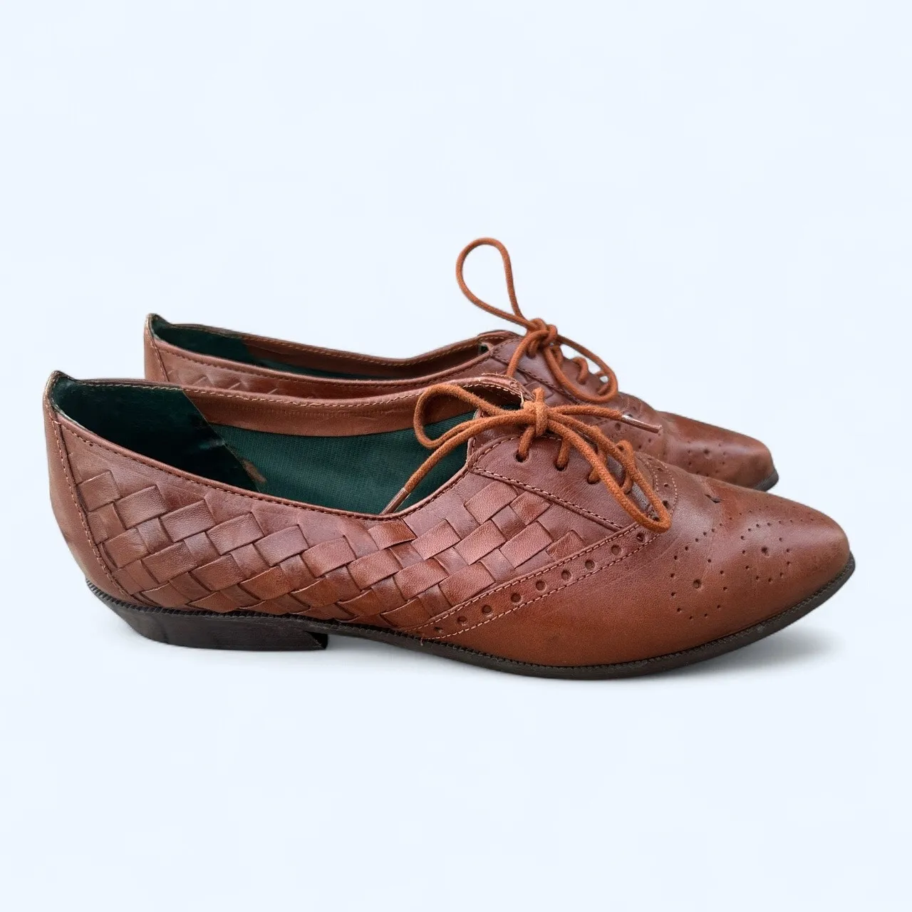 VTG Manelli Woven Pointed Toe Lace Up Oxford Leather Shoes 6 Preppy Hipster Boho Brown - Image 9