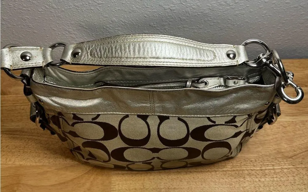 Zoe Hobo Bag Purse Jacquard Beige SILVER Monogram Canvas F12657 - Image 7