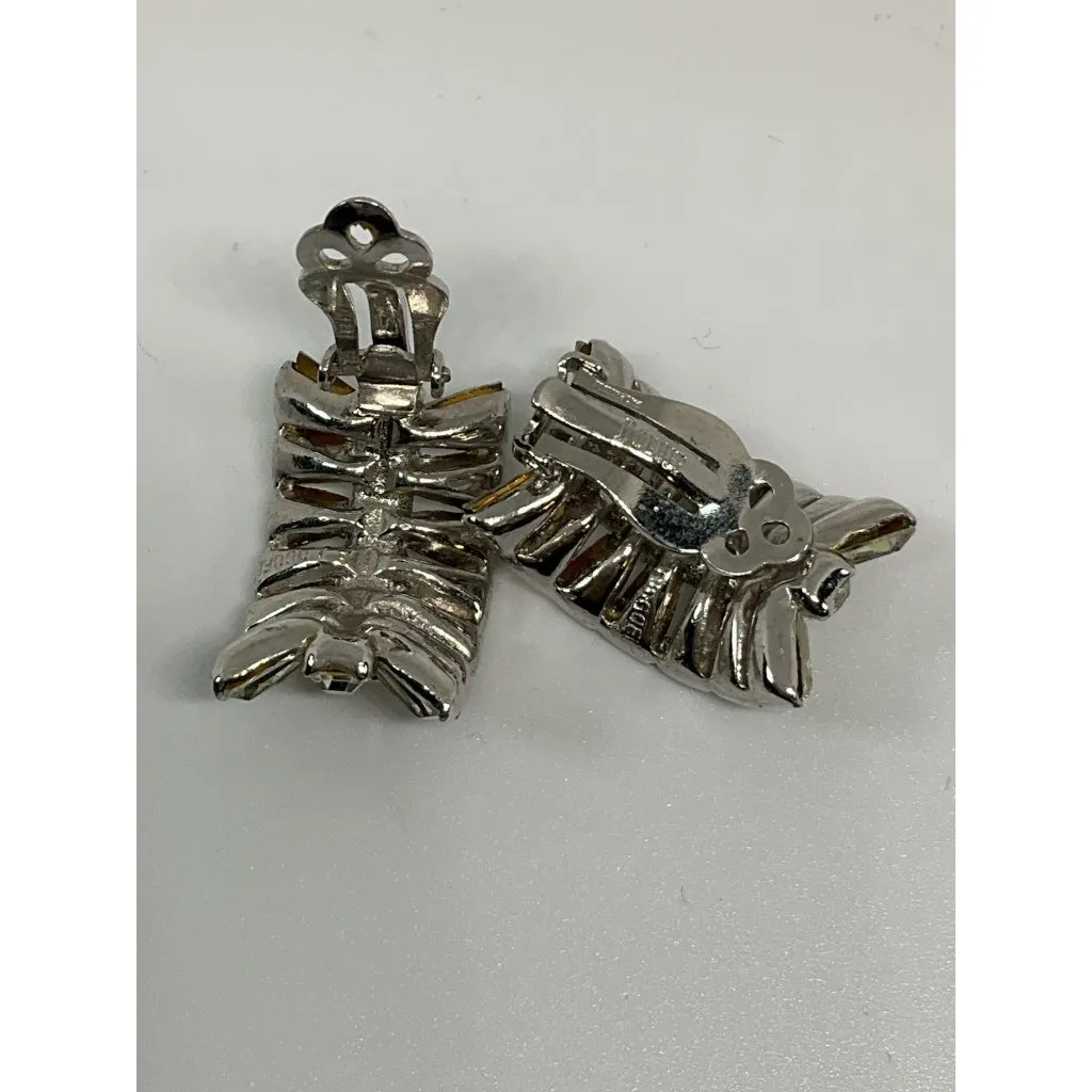 Vintage Clear Rhinestone Earrings Clip On Baguette‎ Valentines Wedding Bling 1" Silver - Image 8