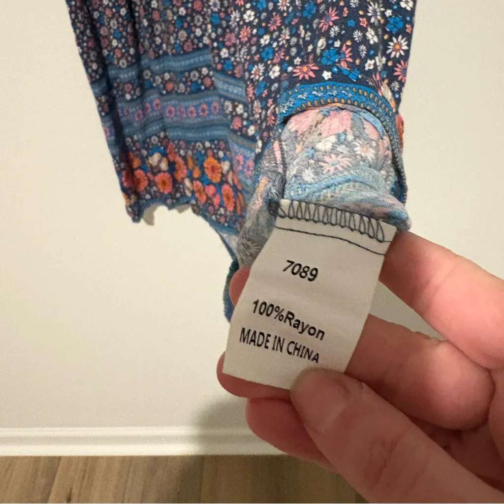 BTFBM Floral Mixed Print long Sleeve boho v neck dress blue pink size medium - Image 5