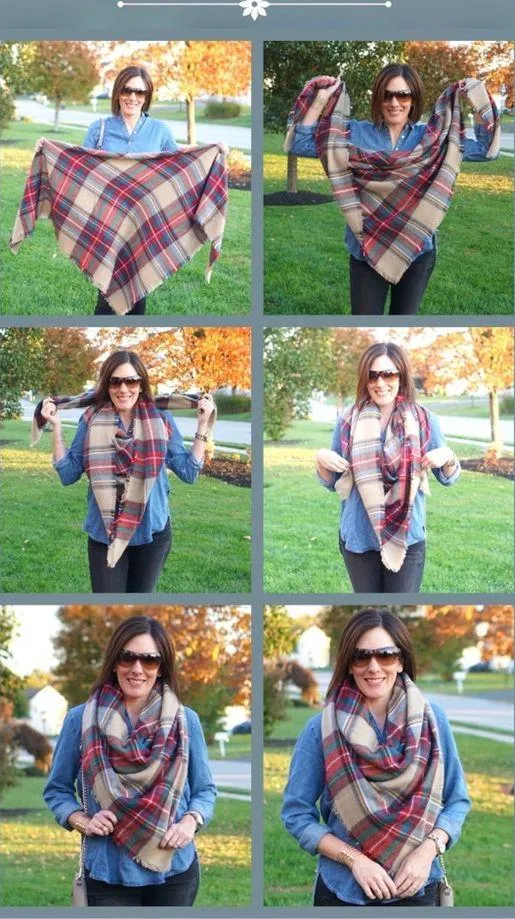 Cozy Fall Feel Oversized Plaid Blanket Scarf Shaw Wrap Cape Brown - Image 9