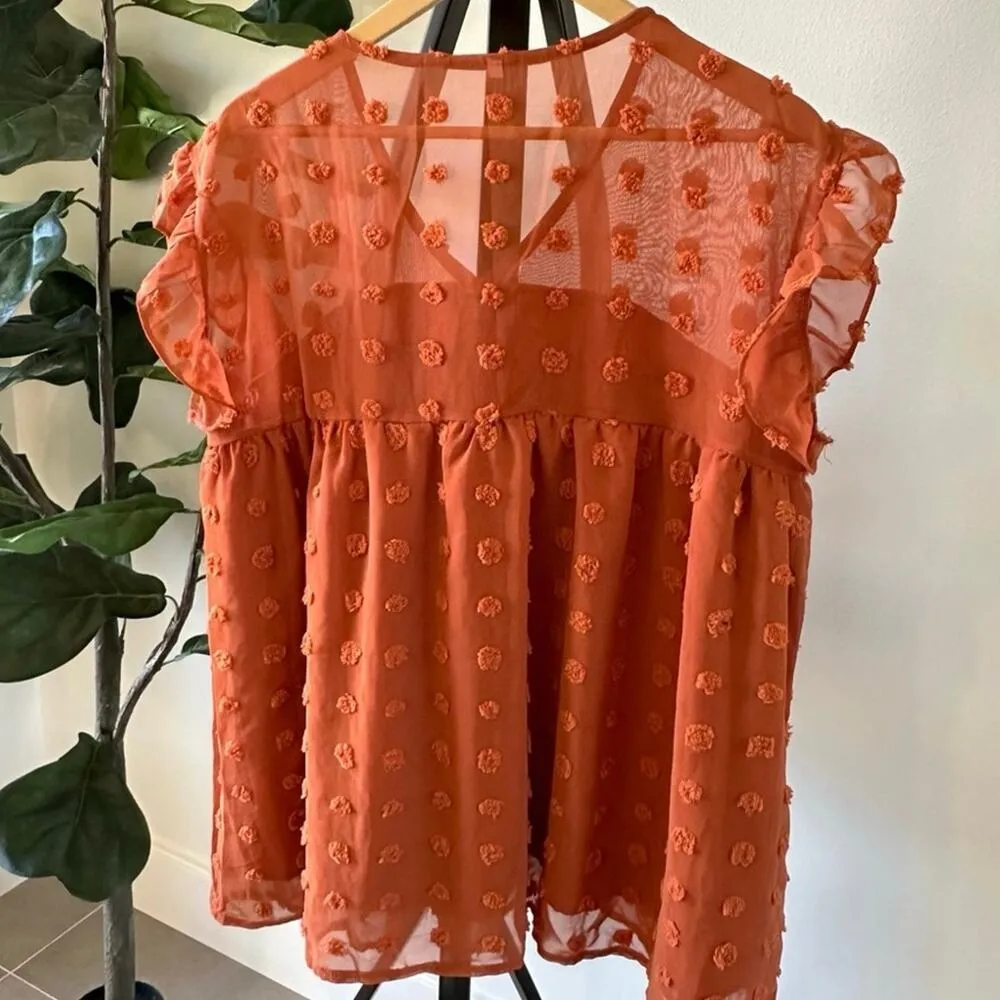 Plus 2X Spice Brown Rust Colored Ruffle Cap Sleeve Blouse Textured Dots Pattern Orange - Image 5