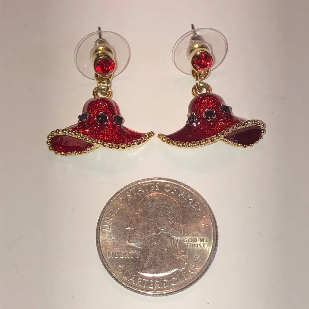 Vintage Red Hat Red Enamel & Purple CZ Rhinestone Pierced Earrings - Image 2