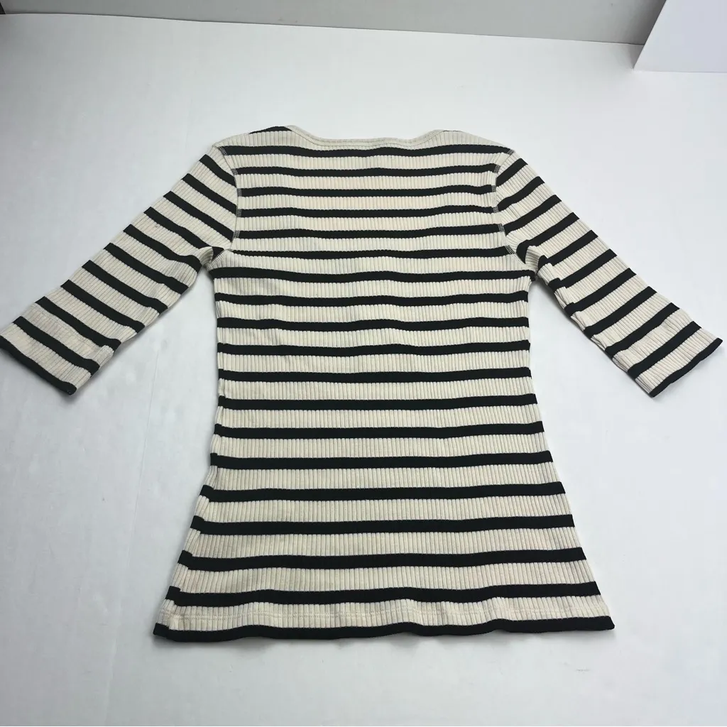 GANNI Black Cream Striped‎ Ribbed Knit Top Henley Scoopneck Medium *TINY FLAW - Image 12
