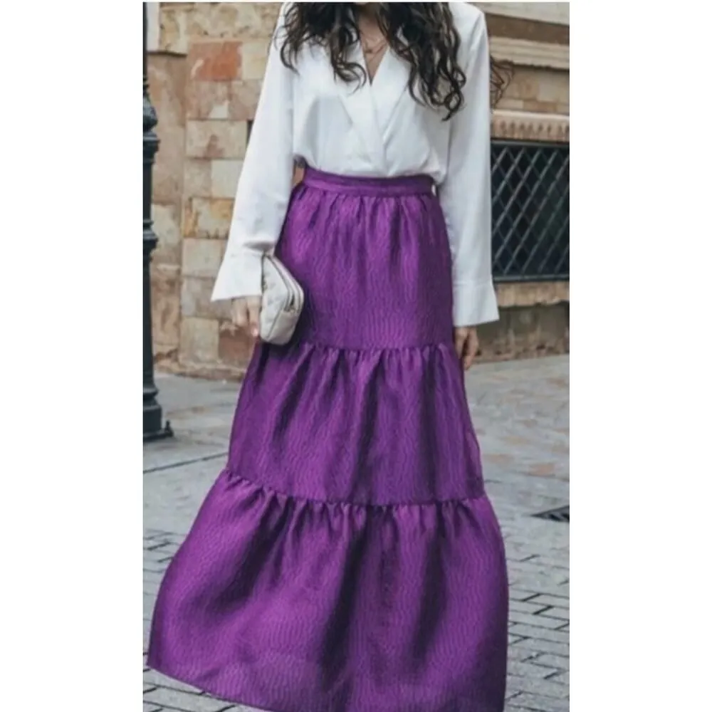 Zara Voluminous Purple Tiered Maxi Skirt Sz. XS - Image 3