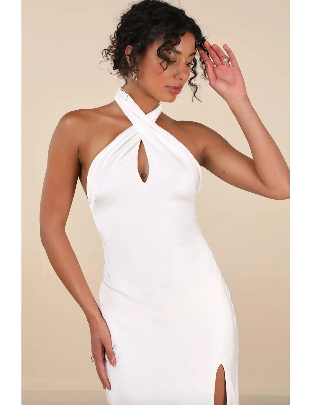 Lulus Beyond Classy White Satin Halter Midi Dress Wedding Bridal Medium NWT - Image 3