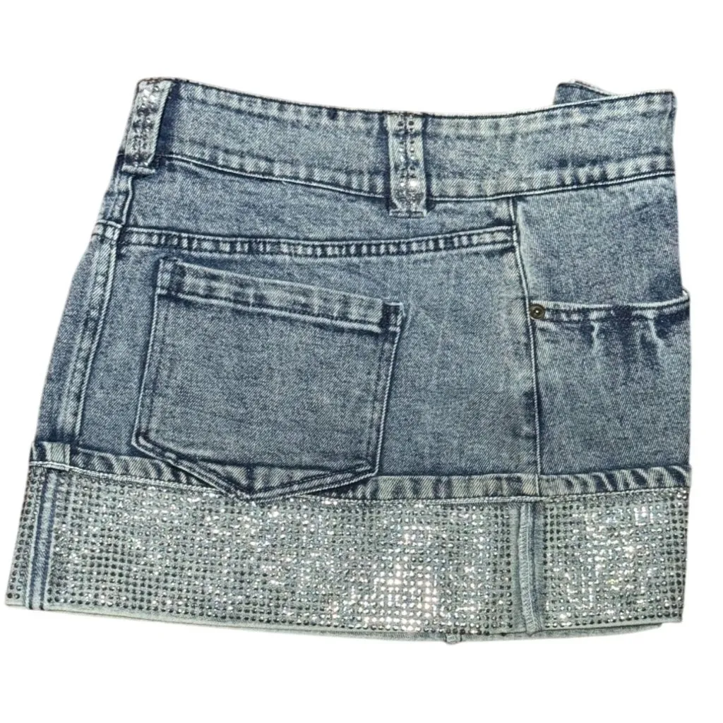 NEW Y2k Edge Womens M Denim Mini Skirt Rhinestone Trim Sparkle Bling Club party - Image 4