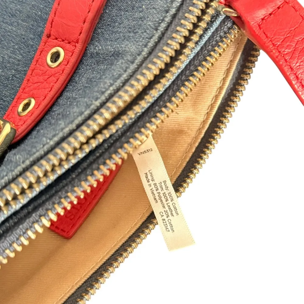 Talbots Denim Double Zip Crossbody Bag Red Leather Strap Buckle Accent‎ - Image 9