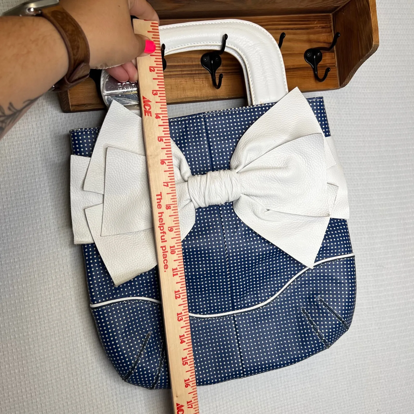Bodei Blue Polka Dot Bow Tote Bag Purse‎ White Handle Unique - Image 5